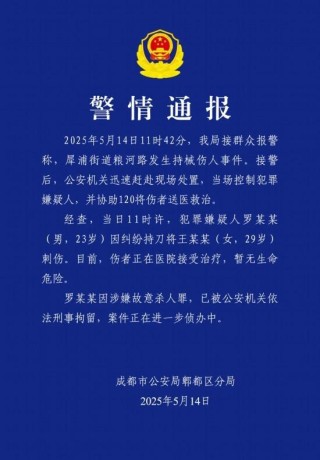 成都一男子持刀伤人，涉嫌故意杀人罪已被依法刑拘